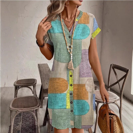 Damklänning v-ringad – Avslappnad passform – Kort ärm – Geometriskt mönster – Andningsbart tyg