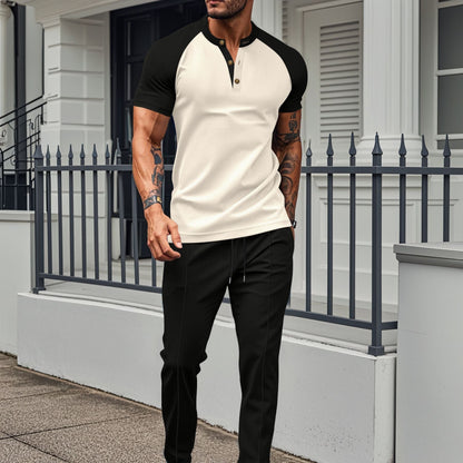 Herrset med T-shirt och Byxor – Slim Fit – Byxor med raka ben – Knapplist – Raglanärmar