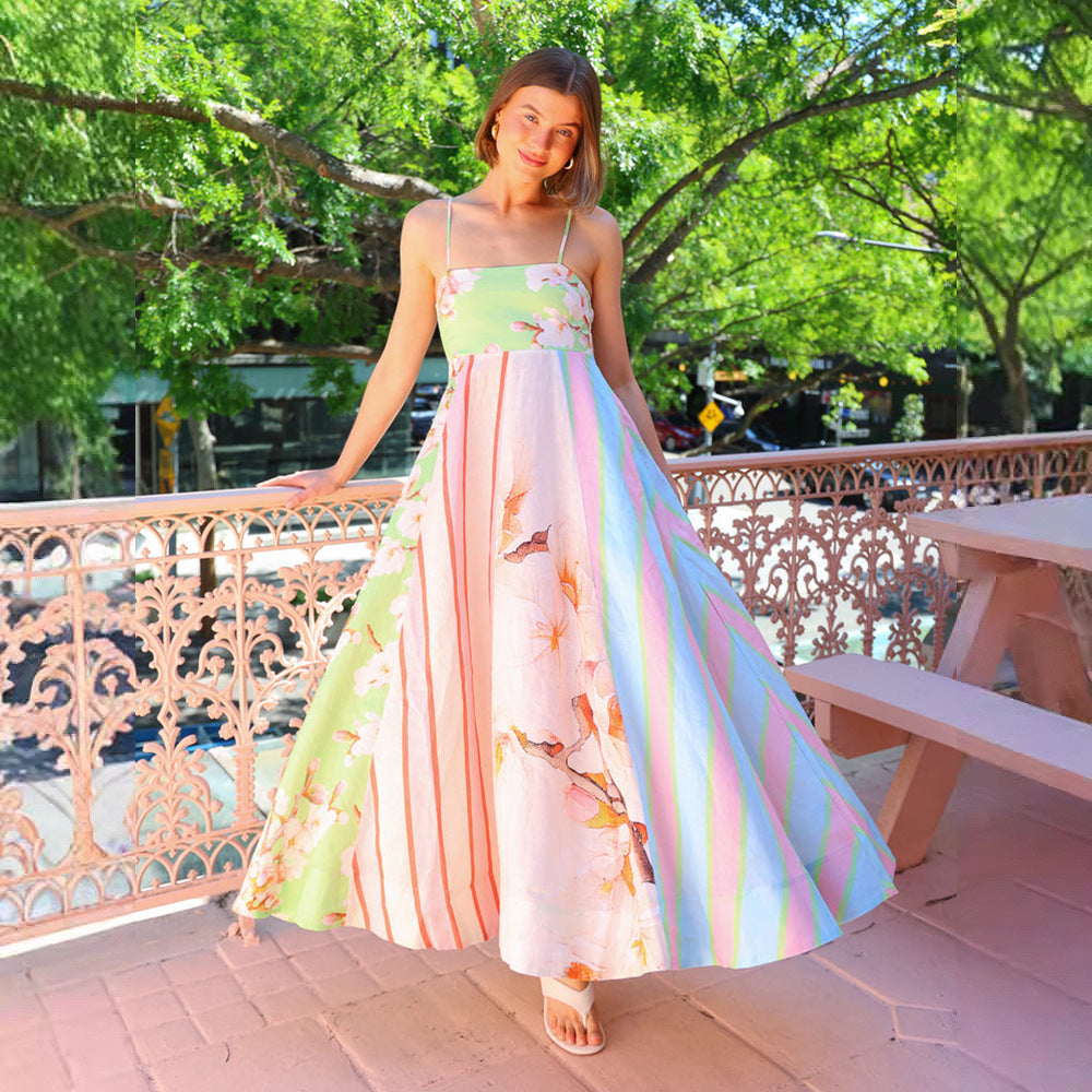 Damklänning maxi – Lätt bomull – Lös passform – Spagettiband – Tryck med ränder