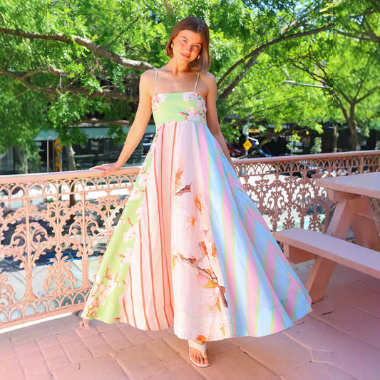 Damklänning maxi – Lätt bomull – Lös passform – Spagettiband – Tryck med ränder