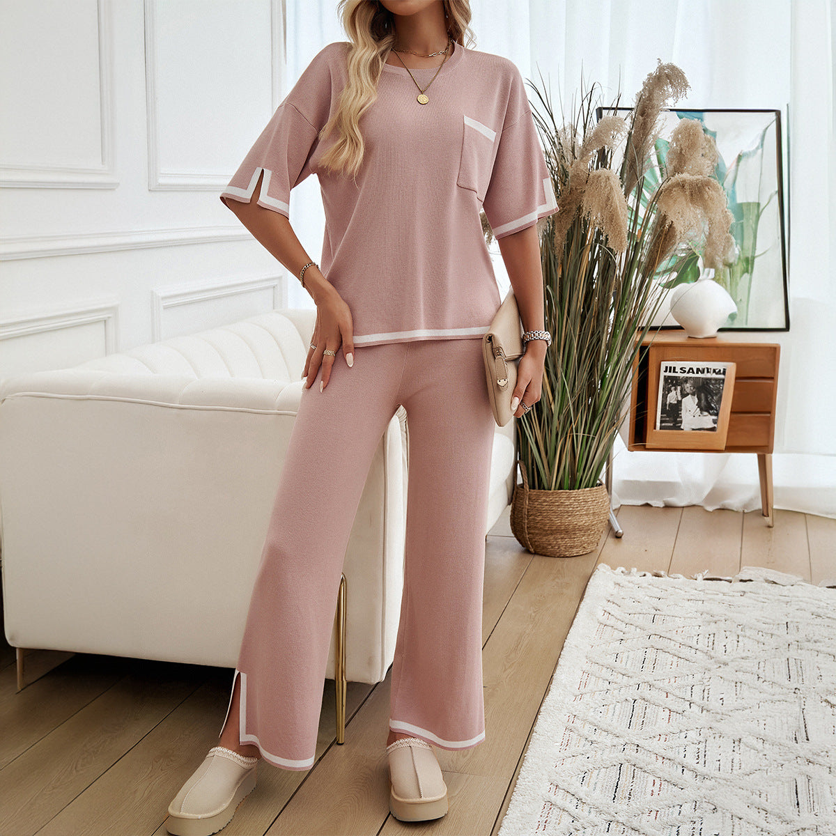 Dam Lounge Set – Stickad – Avslappnad Passform – Vida Byxor – Kontrastdetaljer