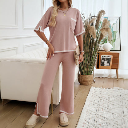 Dam Lounge Set – Stickad – Avslappnad Passform – Vida Byxor – Kontrastdetaljer