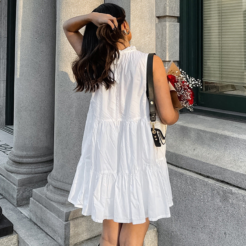 Damklänning – A-linjeformad – Lös passform – Ärmlös – Volangkant – Lätt bomullstyg