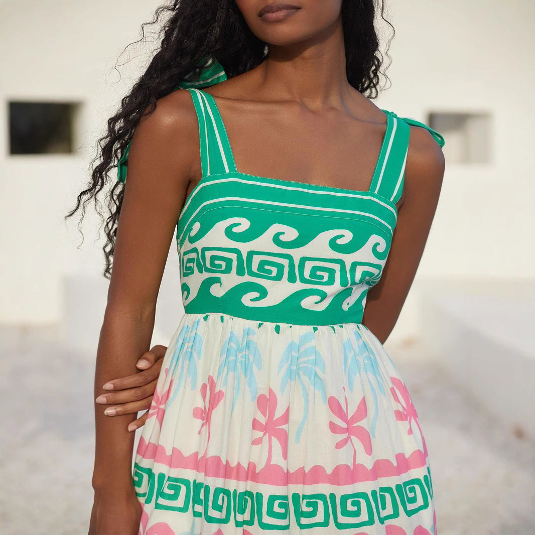 Damklänning maxi – bomullsblandning – A-linjeform – volangskikt med mönster