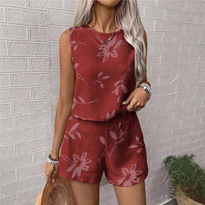 Damset med linne och shorts – Avslappnad passform – Andningsbar naturfiber – Printdetaljer