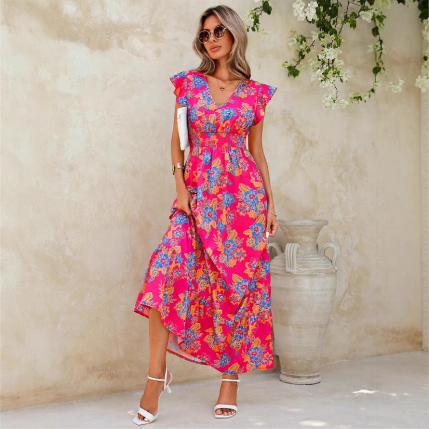 Damklänning maxilängd – Ärmlös – Blommigt tryck – V-ringning – Avslappnad passform