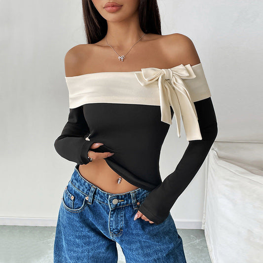 Dam Crop Top – Slim Fit – Off Shoulder – Lång Ärmar – Stretchtyg – Rosett Detalj