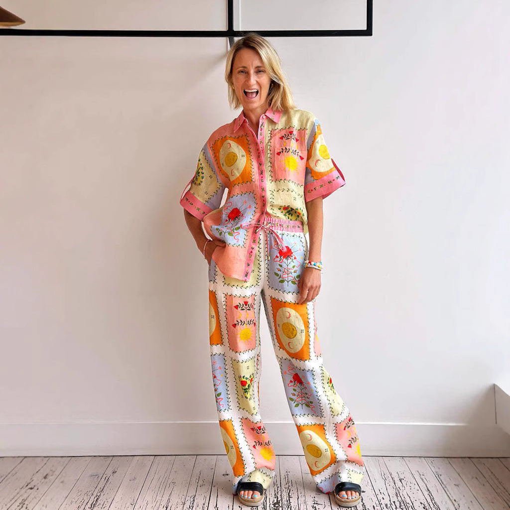 Damkofta – Linne – Avslappnad Passform – Korta Ärmar – Knäppning – Patchworkmönster