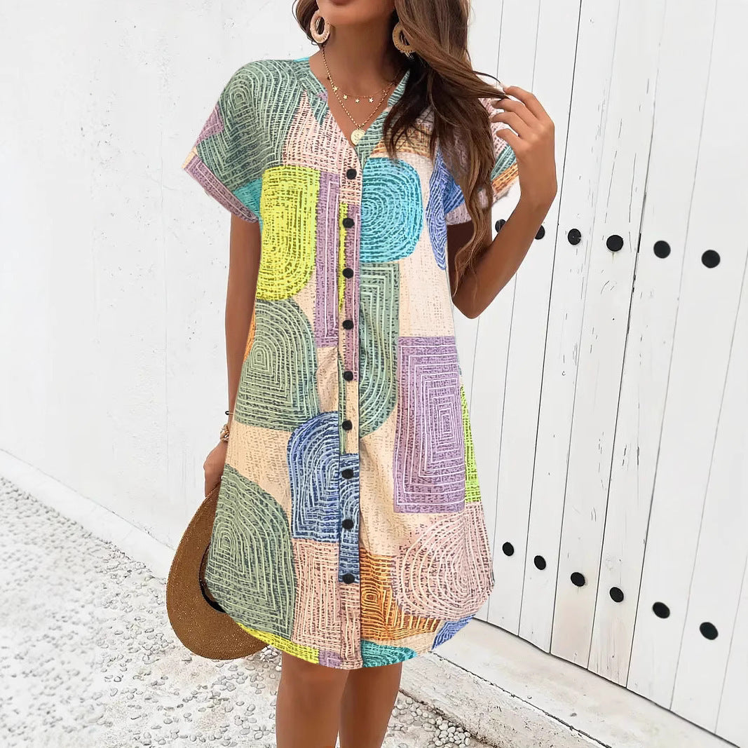 Damklänning – Lös Passform – V-ringning – Kort Ärm – Knäppning – Geometriskt Mönster