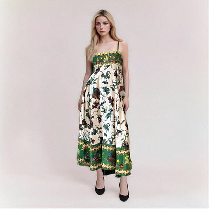 Damklänning maxi – axelbandslös bomullsblandning – abstrakt mönster – luftig passform