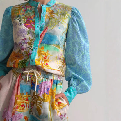 Damset med skjorta och shorts – Linne – Avslappnad passform – Print – Dragsko i midja