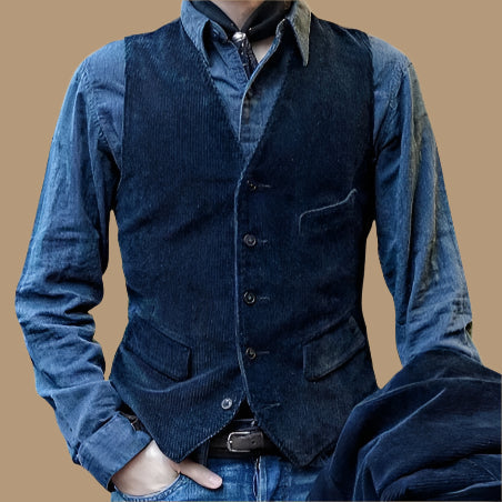 Herrväst – Skräddarsydd Passform – Mjuk Ribbstruktur – Knäppning Fram – Vintage Stil