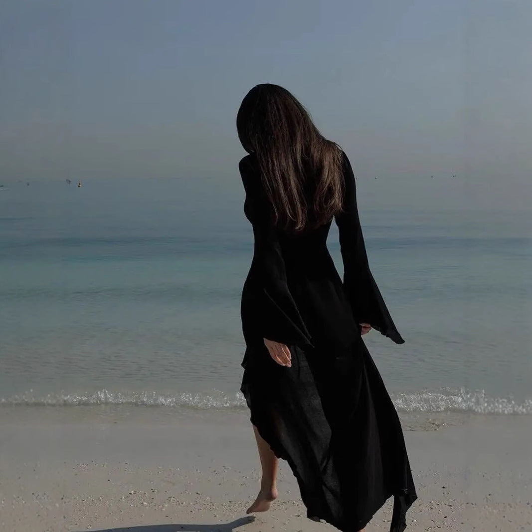 Damklänning strandtunika – lång ärm – ryschdetaljer – öppen front – luftig chiffong