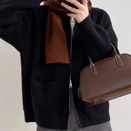 Damkofta – Oversized Passform – Ribbstickad – Tvåvägsdragkedja – Mjuk Stickad Känsla