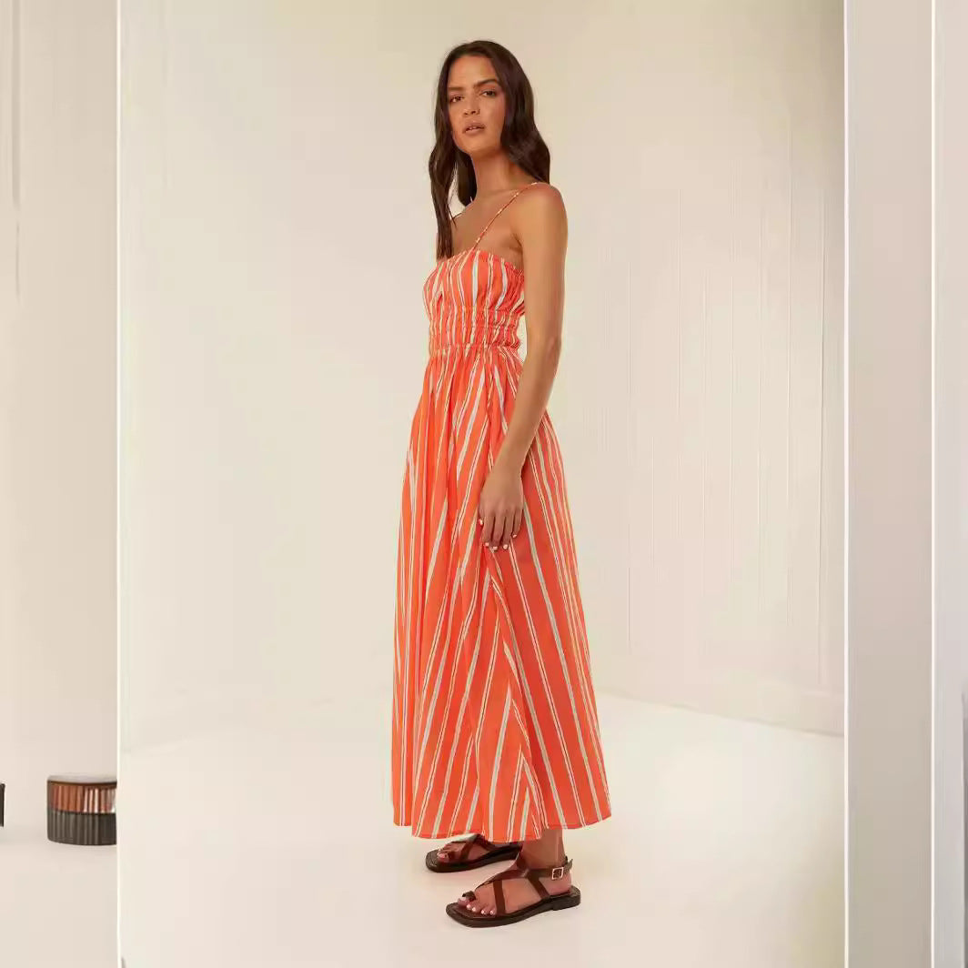 Damklänning maxi – Off-shoulder – Spagettiband – Rynkad överdel – Ledig passform