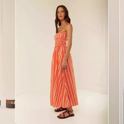 Damklänning maxi – Off-shoulder – Spagettiband – Rynkad överdel – Ledig passform