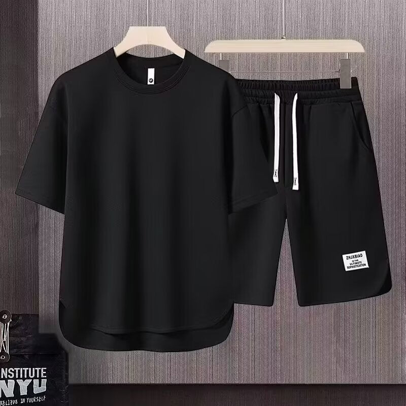 Herr Träningsset – Bomull – Avslappnad Passform – T-shirt & Shorts med Dragsko