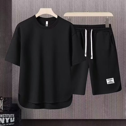 Herr Träningsset – Bomull – Avslappnad Passform – T-shirt & Shorts med Dragsko