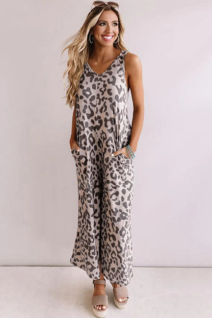 Dam Jumpsuit – Ärmlös – Lös Passform – V-ringning – Vida Ben – Croppad – Leopardmönster