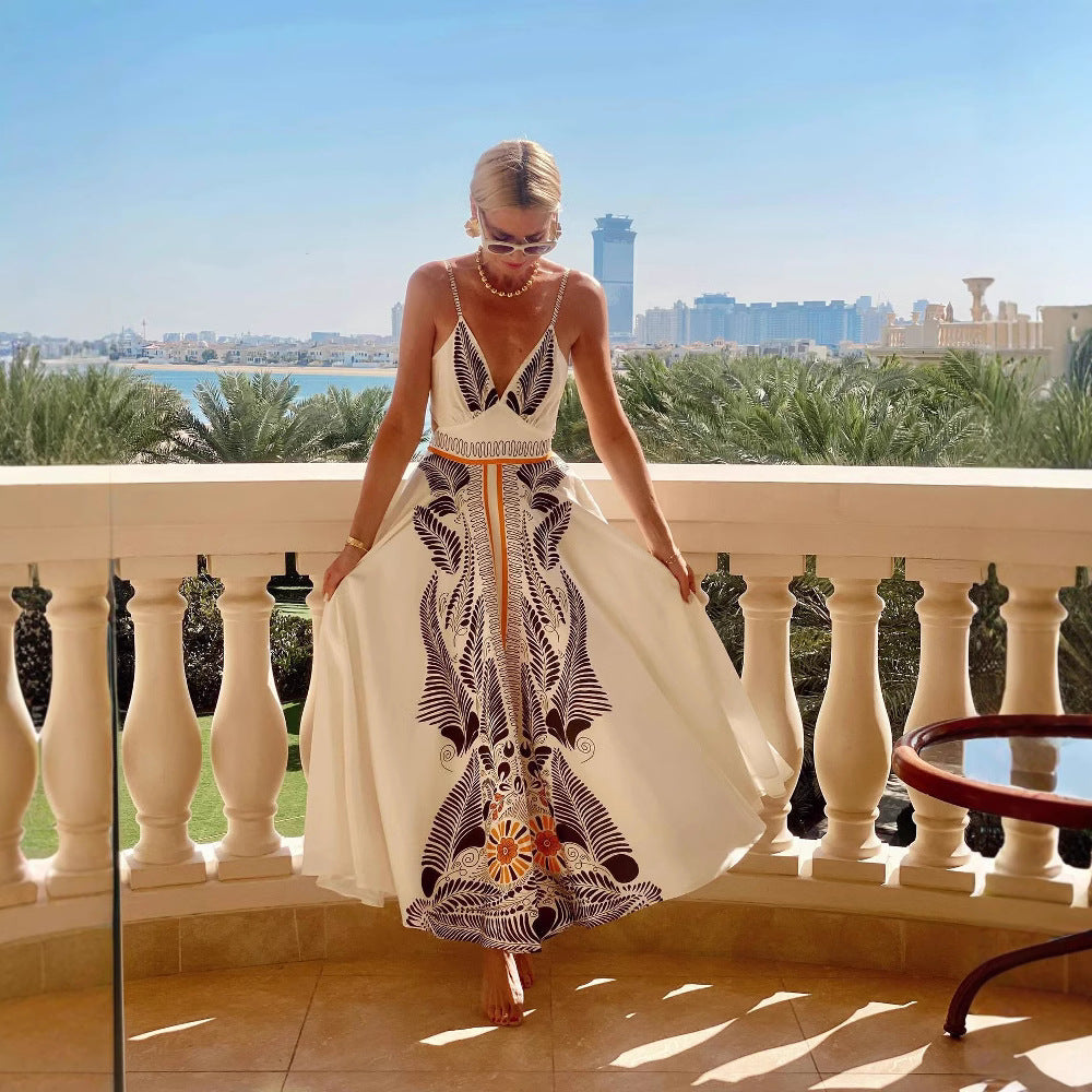 Damklänning Maxi – Halterneck – Öppen Rygg – Mönstrad – Lätt och Flödande Passform