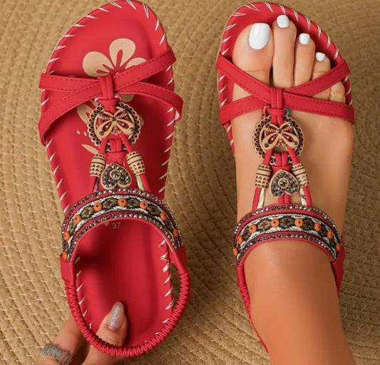 Dam Sandaler – Platta – Boho Flätad Rem – Strassdetaljer – Öppen Tå – Bekväm Passform