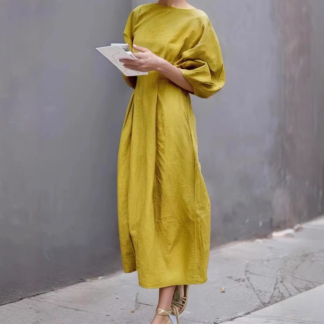 Damklänning – Lös Passform – Puffärm – Rund Hals – Lätt och Bekväm Vardagsstil