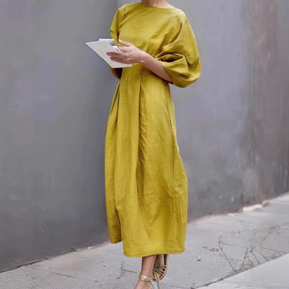 Damklänning – Lös Passform – Puffärm – Rund Hals – Lätt och Bekväm Vardagsstil