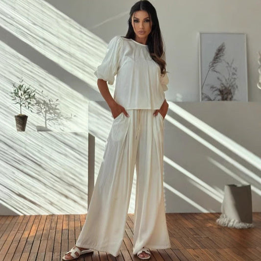 Damset – Lös Topp med Ryggrosett – Vida Byxor med Resårmidja i Andningsbar Mix