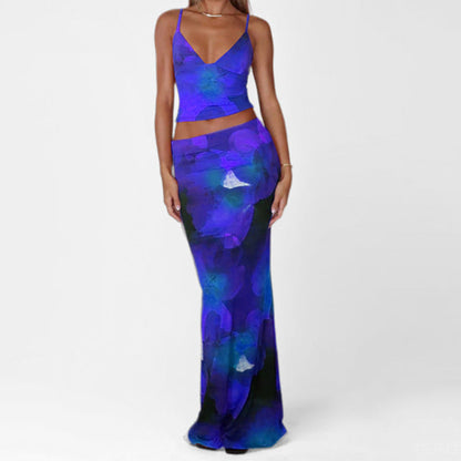 Damkläder Set – Figursydd Väst och Maxikjol – Djup V-ringning – Spagettiband