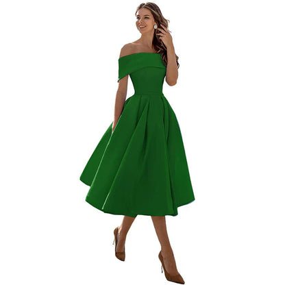 Damklänning – Off-Shoulder – Figurnära Liv – Utställd Kjol – Tealängd Elegant Stil
