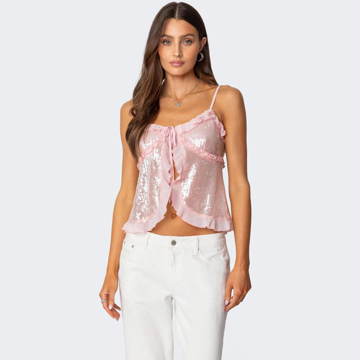Dam Crop Top – Paljettprydd – Figurnära Passform – Halterneck – Volangdetaljer