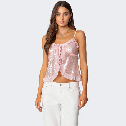 Dam Crop Top – Paljettprydd – Figurnära Passform – Halterneck – Volangdetaljer