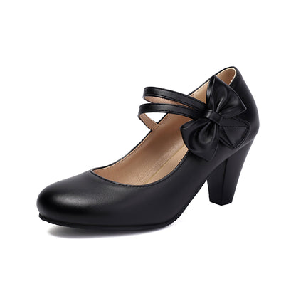 Dam högklackade skor – Läderlook – Rosett – Dubbelrem – Rund tå – Elegant passform
