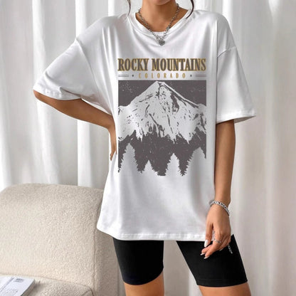 Dam T-shirt – Oversize Passform – Bomullsblandning – Rund Hals – Tryckt Motiv