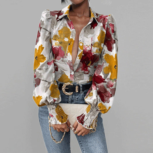 Dam skjorta – Oversized passform – Puffärmar – Blommigt tryck – Smockade muddar