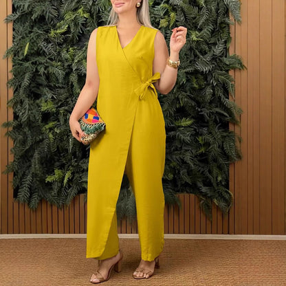 Dam Jumpsuit – Ärmlös – V-ringning – Omlott – Bred Ben – Avslappnad Passform