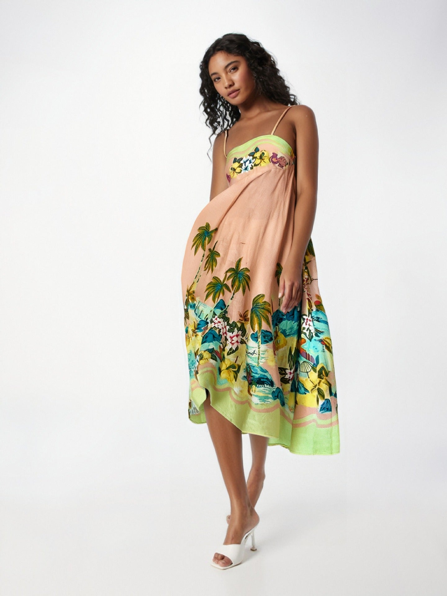 Damklänning maxi – axelbandslös bomullsblandning – abstrakt mönster – luftig passform