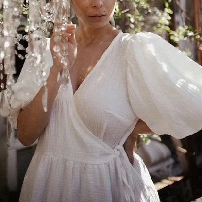 Damklänning – V-ringning – Puffärm – Textur – Avslappnad Passform – Midilängd