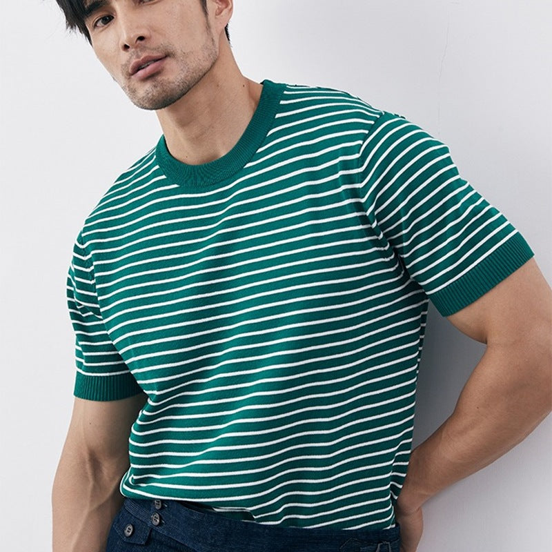 Herr T-shirt – Slim Fit – Stickad Bomullsblandning – Horisontella Ränder