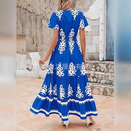 Damklänning Boho Maxilängd – V-ringad – Kort Ärm – Blommigt Tryck – A-linjeformad