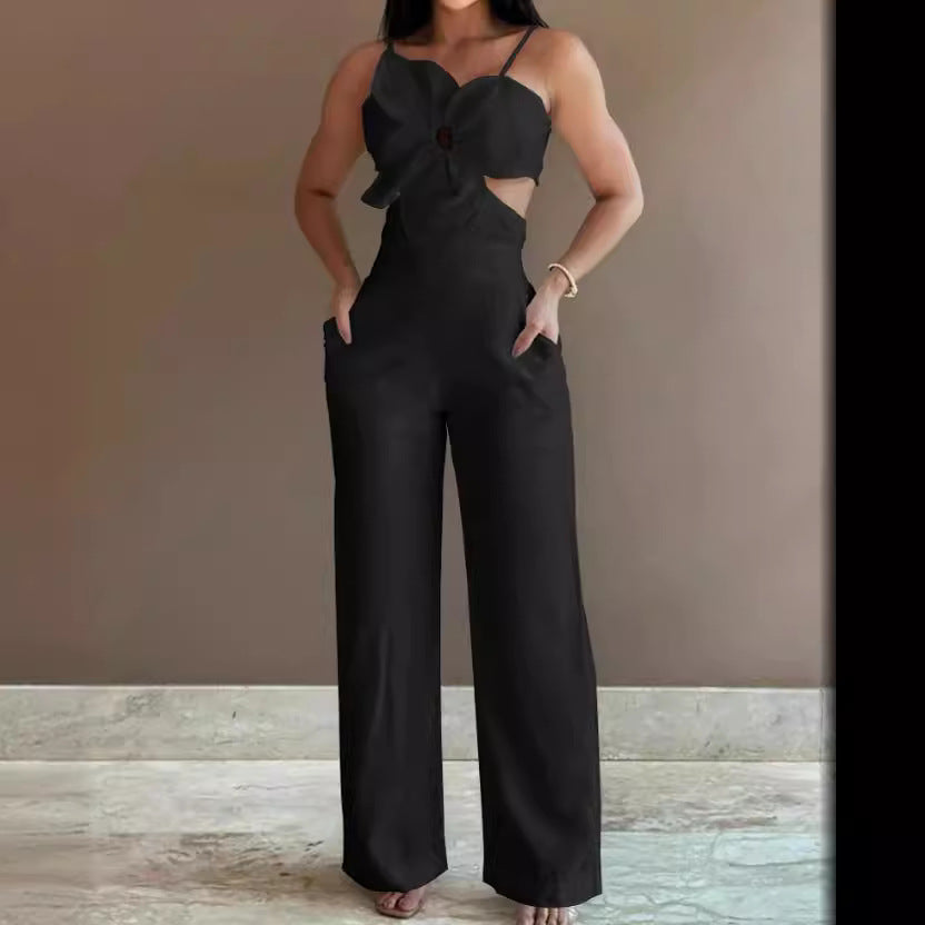 Dam Jumpsuit – Vid Ben – Spagettiaxelband – Cut-Out – Rosett – Bar Rygg