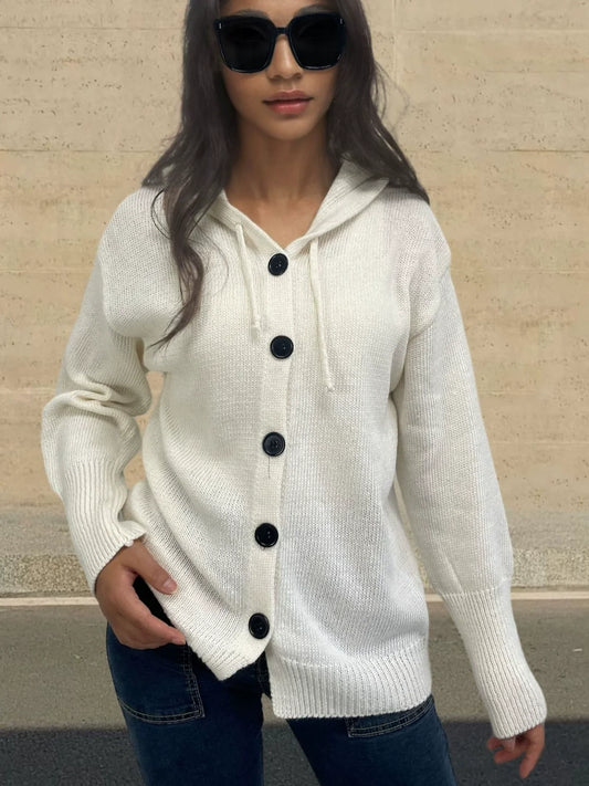 Damtröja med huva – Stickad – Avslappnad passform – Knäppning fram – Ribbad kant