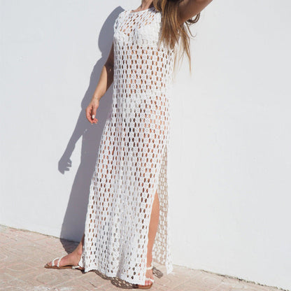 Damklänning maxilängd – Virkad mesh – Ärmös – Lös passform – Sidoslits