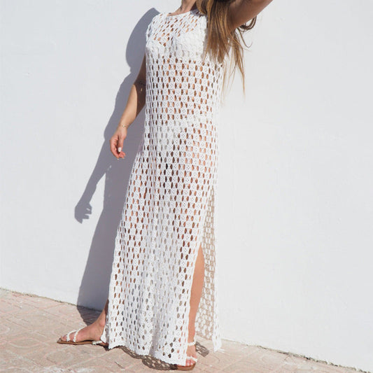 Damklänning maxilängd – Virkad mesh – Ärmös – Lös passform – Sidoslits