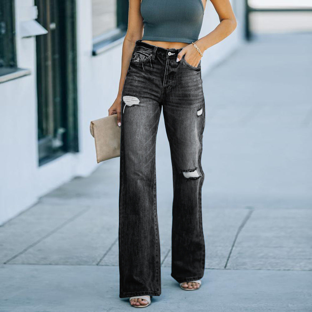Dam Jeans – Hög Midja – Vida Ben – Sliten Denim – Avslappnad Passform – Hellängd