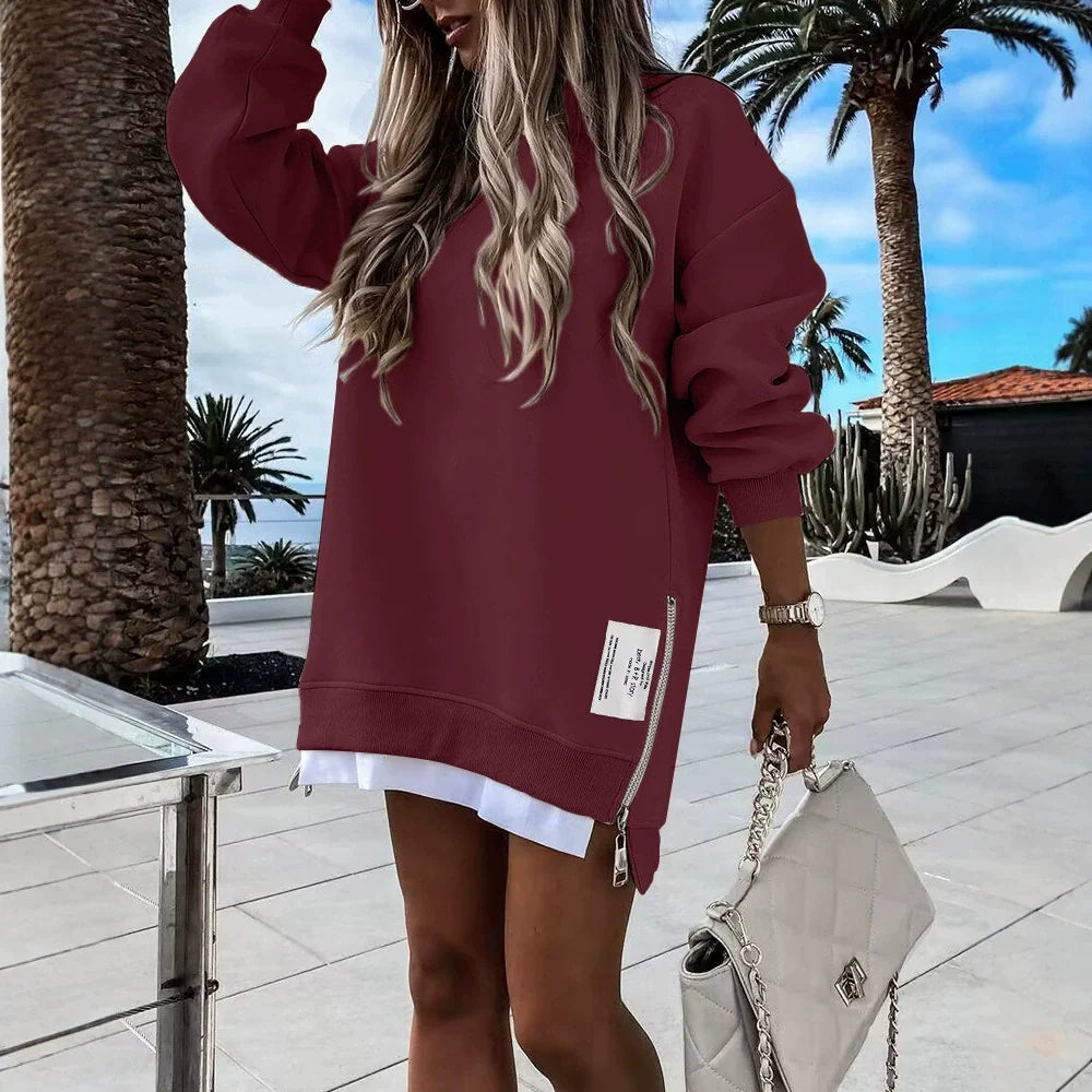 Damklänning i Sweatshirt – Oversize Passform – Rund hals – Dragkedjedetalj