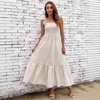 Damklänning A-linjeformad – Smockliv – Spagettiband – Tierad – Rutmönstrad Maxilängd