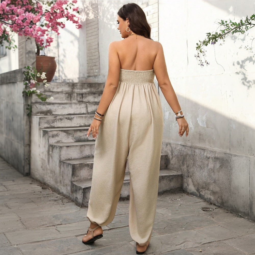 Dam Jumpsuit – Avslappnad Passform – Smockad Överdel – Sidofickor – Resåranklar