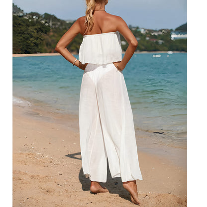 Damset med byxa – Axelbandslös topp – Vida ben – Lätt och luftig passform