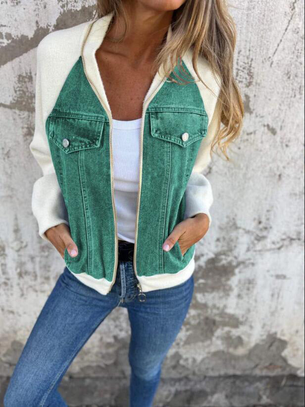 Dam Jacka Bomber – Ullmix – Denim Detaljer – Avslappnad Passform – Dragkedja – Höftlängd
